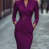 Nora | Abito nero raffinato con cintura e colletto alla mandarino