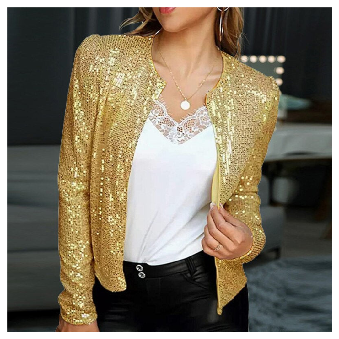 Blazer autunnale con cerniera e paillettes da donna | Corto