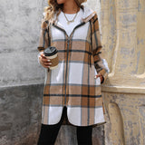 Cappotto Donna Lungo Oversize a Quadri Isolante con Cappuccio in Tessuto Spesso