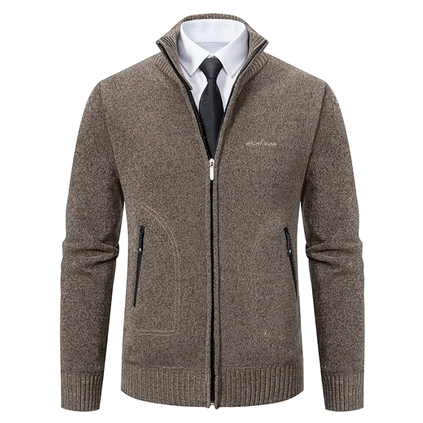 Cardigan lavorato a maglia da uomo - Misto lana - Collo alto con cerniera - Vestibilità su misura - Polsini a coste - Perfetto per l'autunno