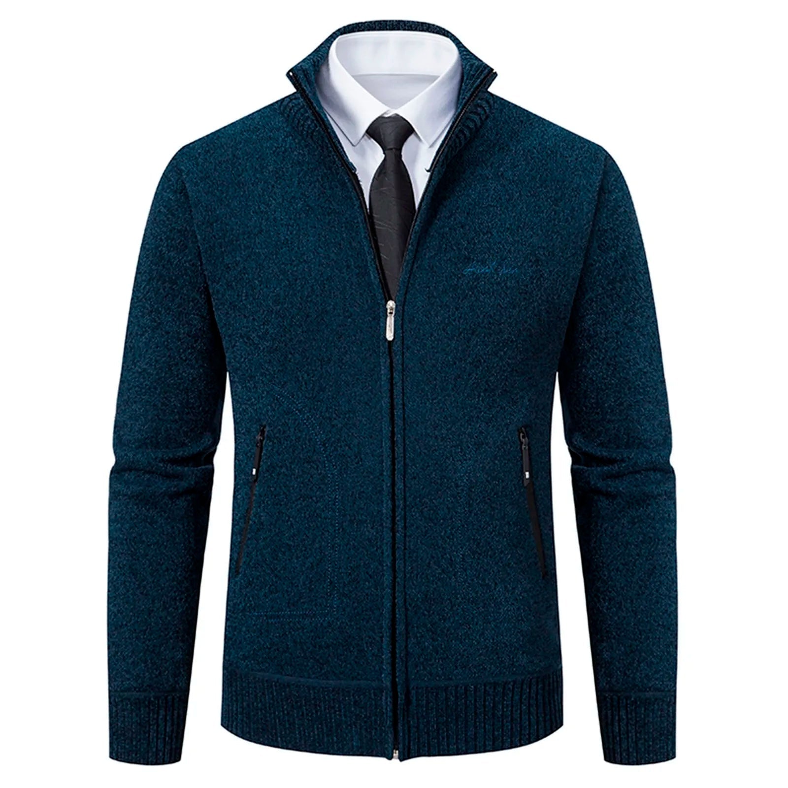 Cardigan lavorato a maglia da uomo - Misto lana - Collo alto con cerniera - Vestibilità su misura - Polsini a coste - Perfetto per l'autunno