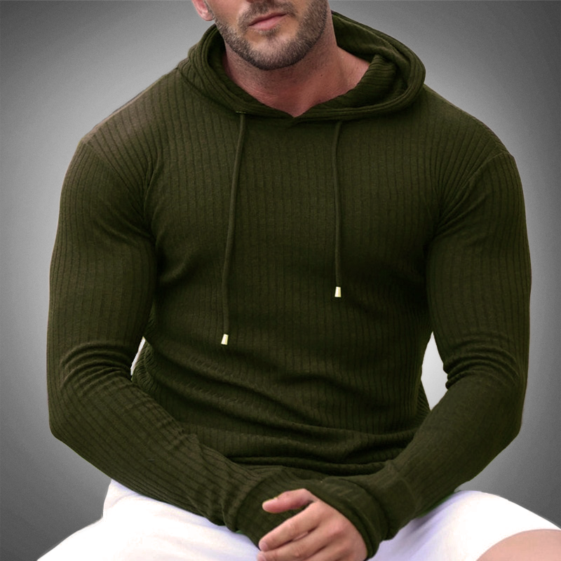 Felpa con cappuccio slim fit da uomo - Maglia a coste autunnale - Manica lunga - Coulisse regolabile