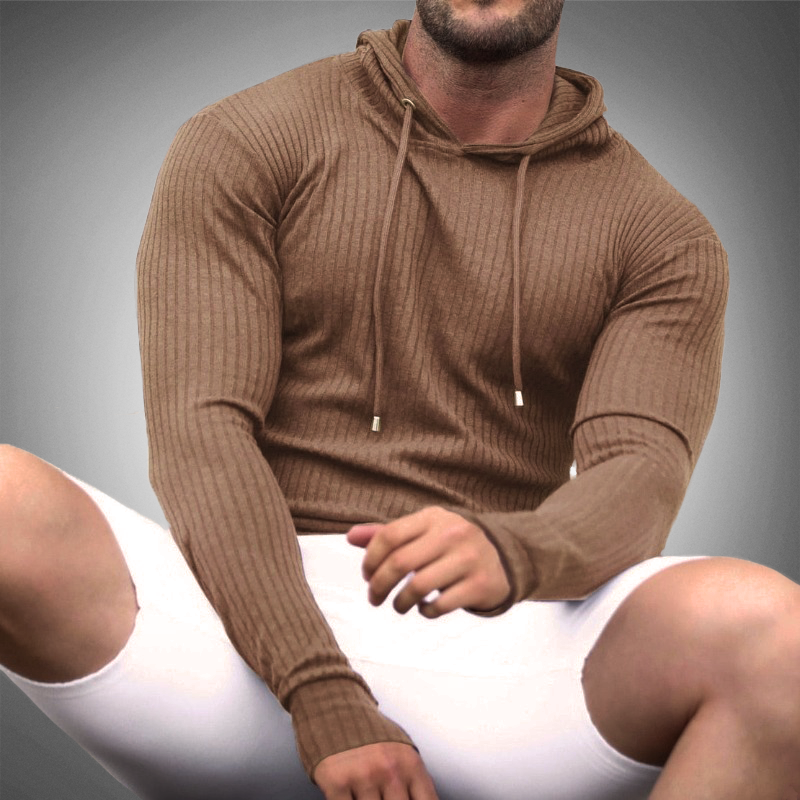 Felpa con cappuccio slim fit da uomo - Maglia a coste autunnale - Manica lunga - Coulisse regolabile