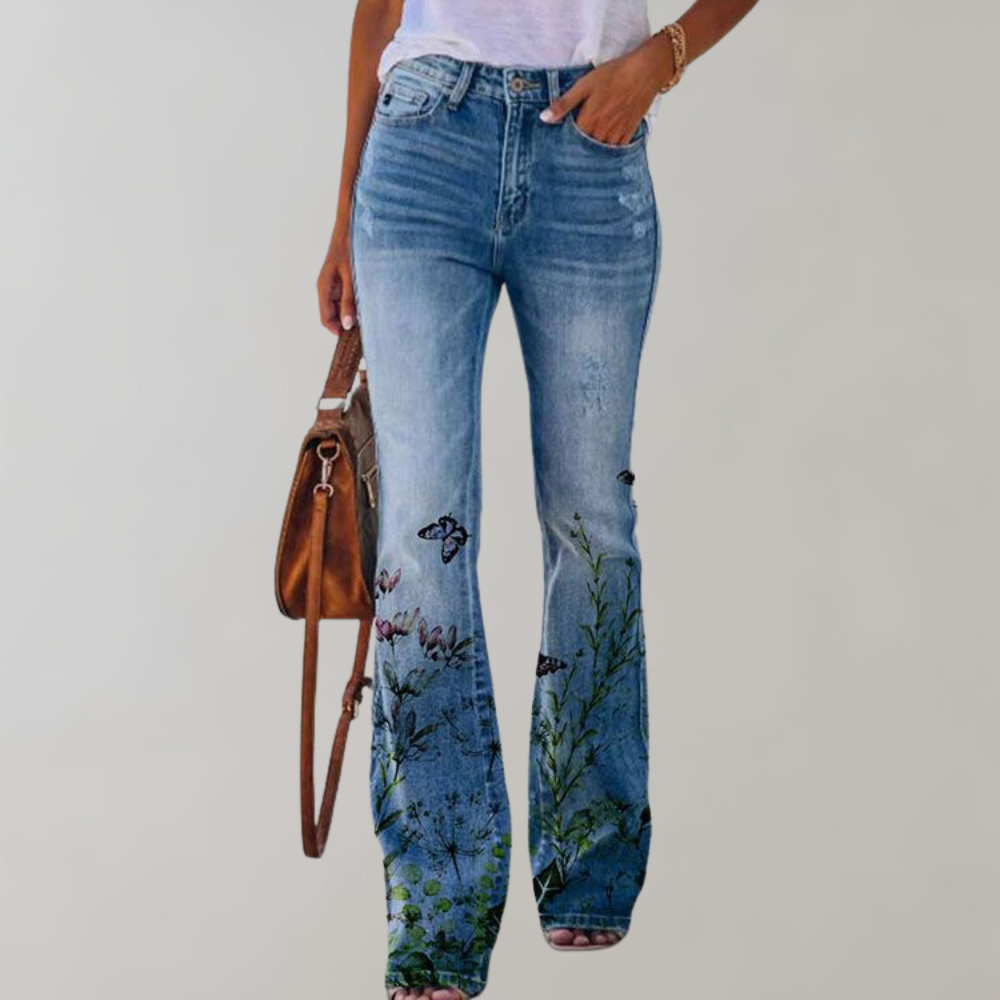 Jeans a Zampa per Donna con Stampe di Fiori e Farfalle – Ideali e Comodi per l'Autunno
