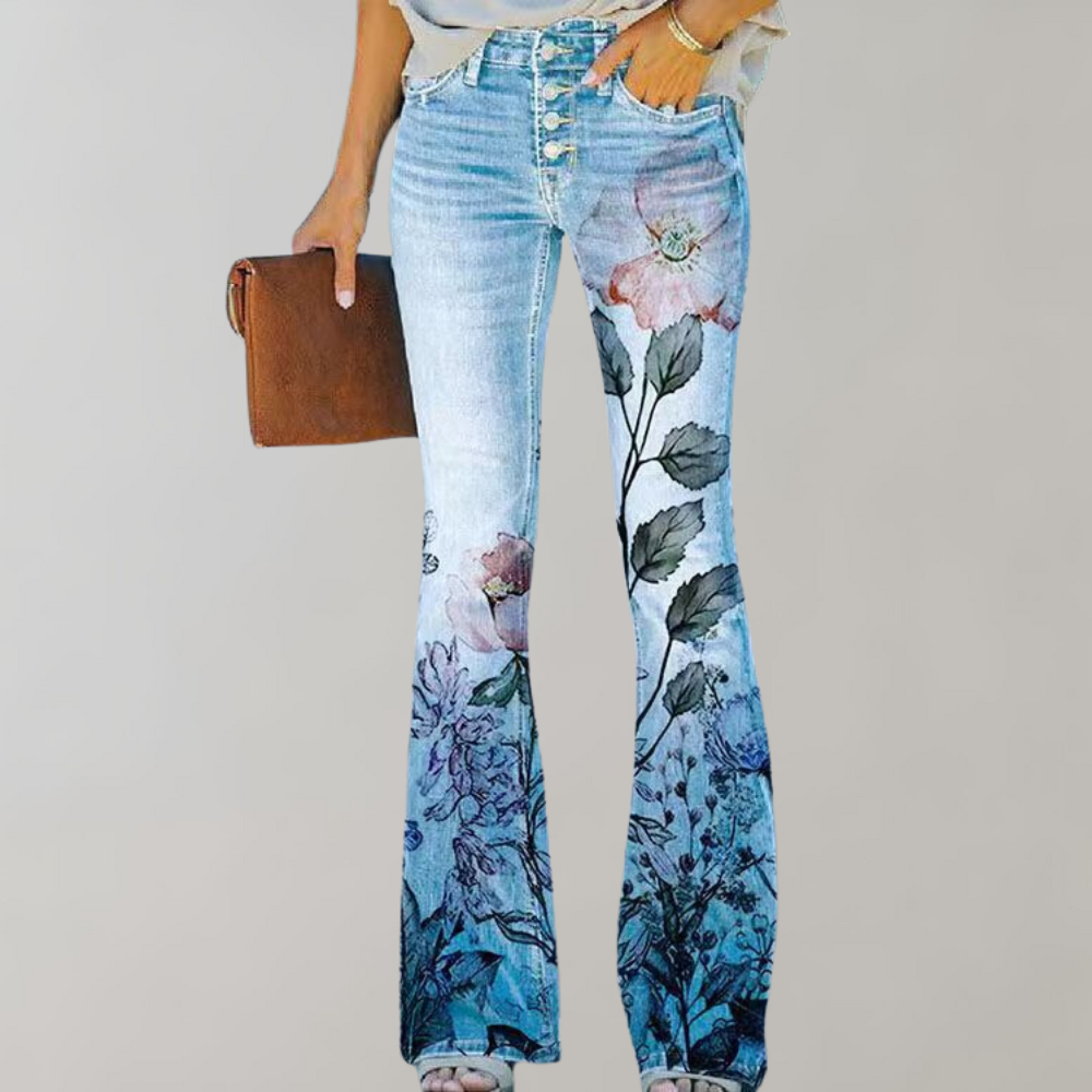 Jeans a Zampa per Donna con Stampe di Fiori e Farfalle – Ideali e Comodi per l'Autunno