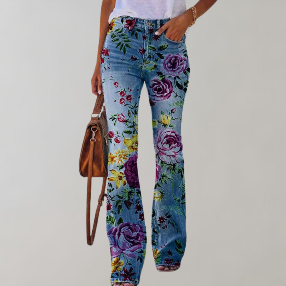 Jeans a Zampa per Donna con Stampe di Fiori e Farfalle – Ideali e Comodi per l'Autunno