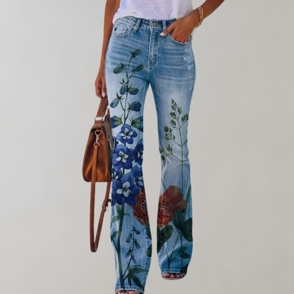 Jeans a Zampa per Donna con Stampe di Fiori e Farfalle – Ideali e Comodi per l'Autunno