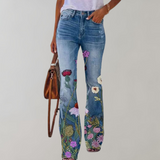 Jeans a Zampa per Donna con Stampe di Fiori e Farfalle – Ideali e Comodi per l'Autunno