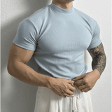 Maglia aderente a coste da uomo - Manica corta - Collo alto - Tessuto elasticizzato traspirante