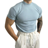 Maglia aderente a coste da uomo - Manica corta - Collo alto - Tessuto elasticizzato traspirante