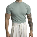 Maglia aderente a coste da uomo - Manica corta - Collo alto - Tessuto elasticizzato traspirante