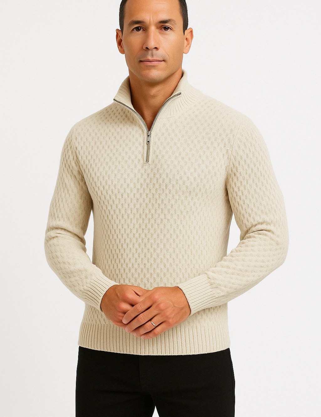 Maglione invernale da uomo con mezza zip – Maglia testurizzata – Vestibilità su misura – Rifiniture a coste – Morbido al tatto
