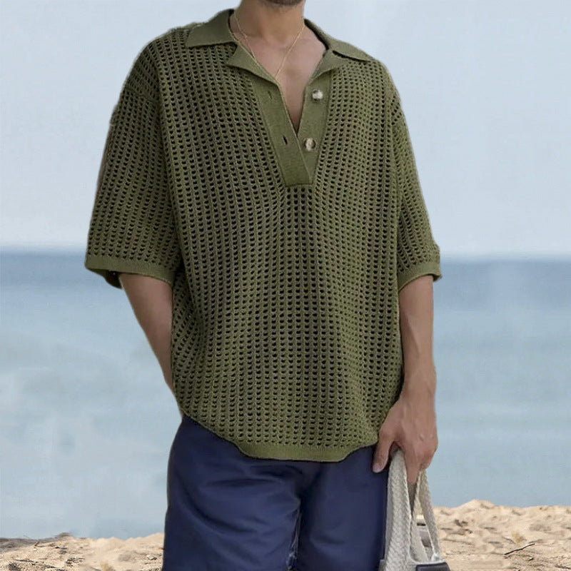 Maglione da uomo in maglia – Vestibilità oversize – Maglia aperta – Revers a lancia – Manica corta casual