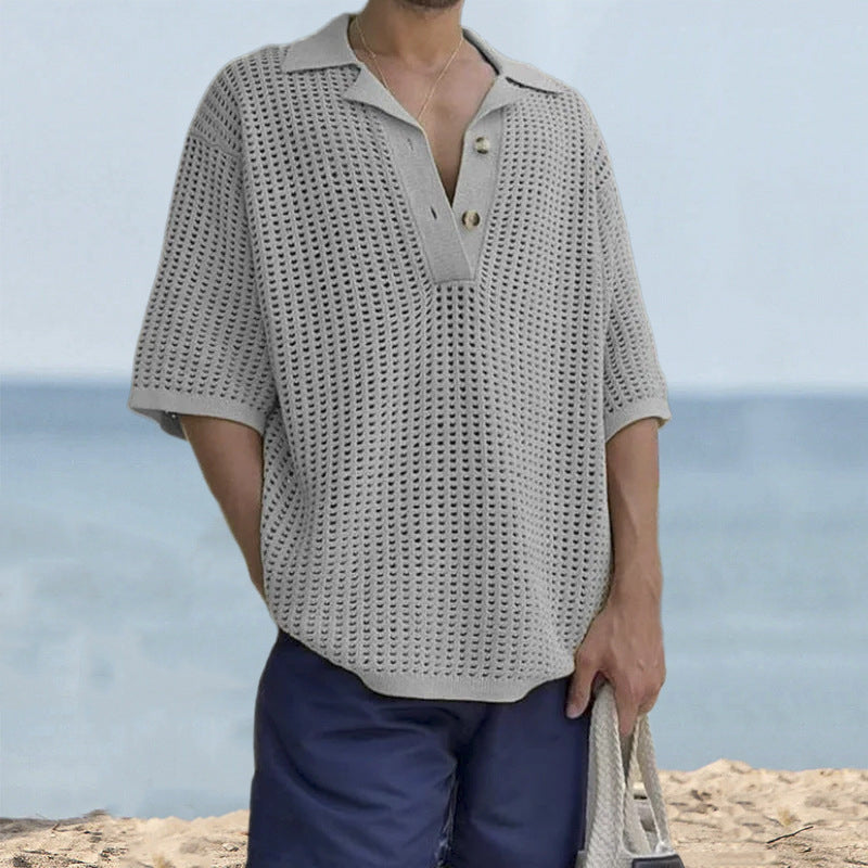 Maglione da uomo in maglia – Vestibilità oversize – Maglia aperta – Revers a lancia – Manica corta casual