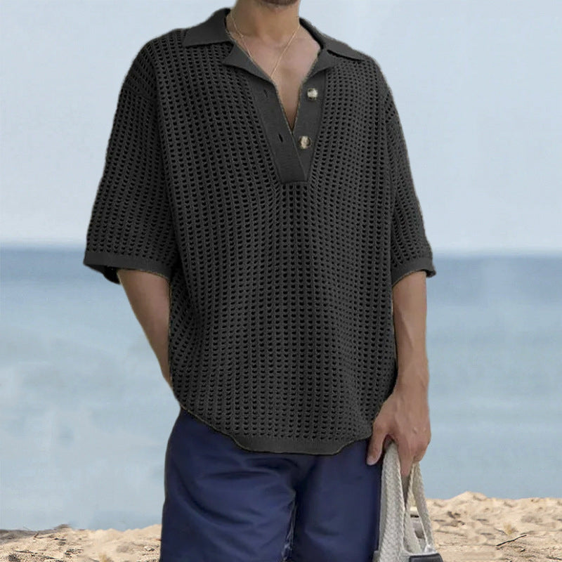 Maglione da uomo in maglia – Vestibilità oversize – Maglia aperta – Revers a lancia – Manica corta casual