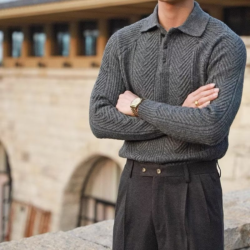 Maglione da uomo in maglia autunnale – Vestibilità slim – Collo polo – Maglia a trecce – Tessuto elasticizzato morbido
