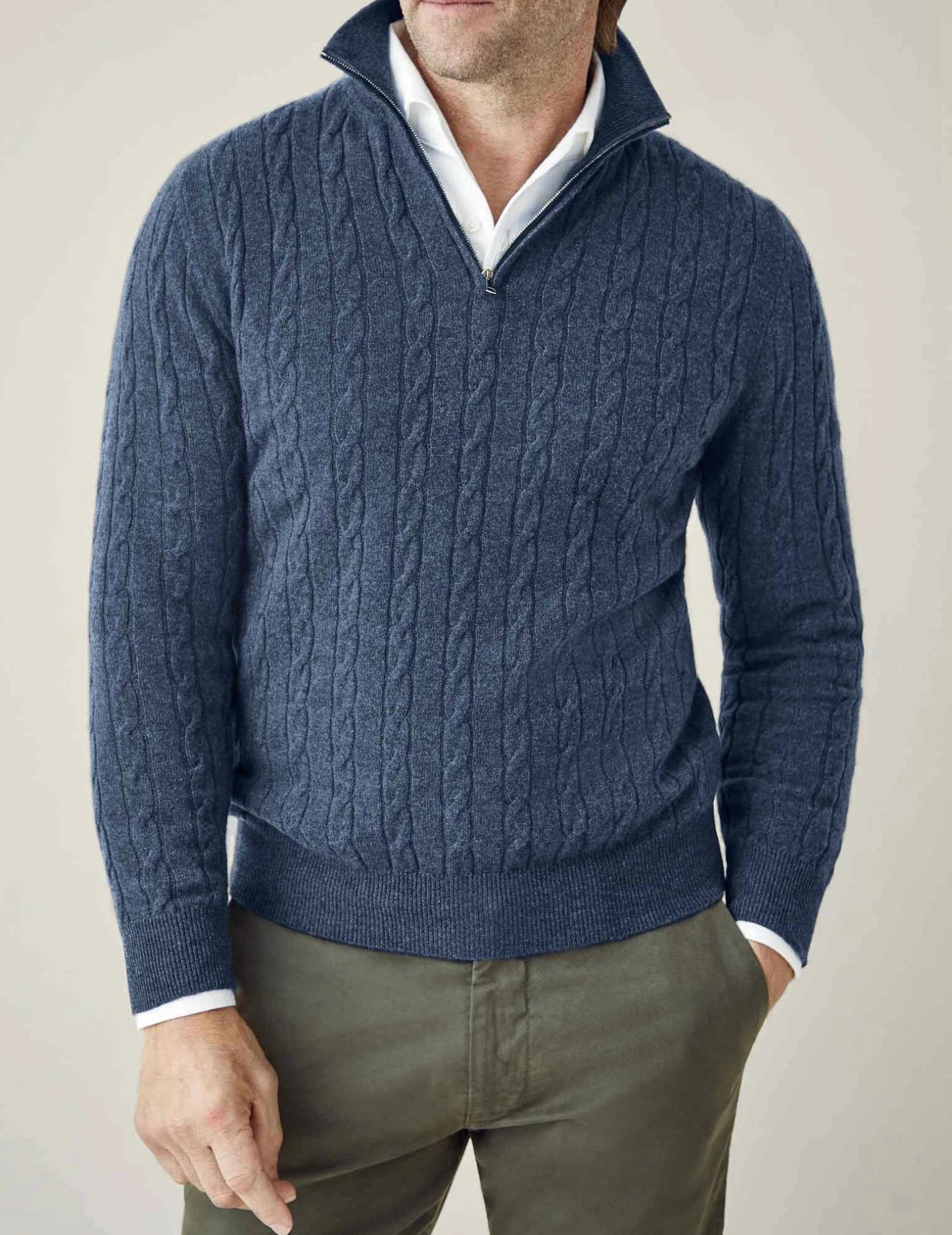 Maglione invernale da uomo in maglia a trecce – Misto lana – Mezza cerniera – Collo alto – Vestibilità casual elegante