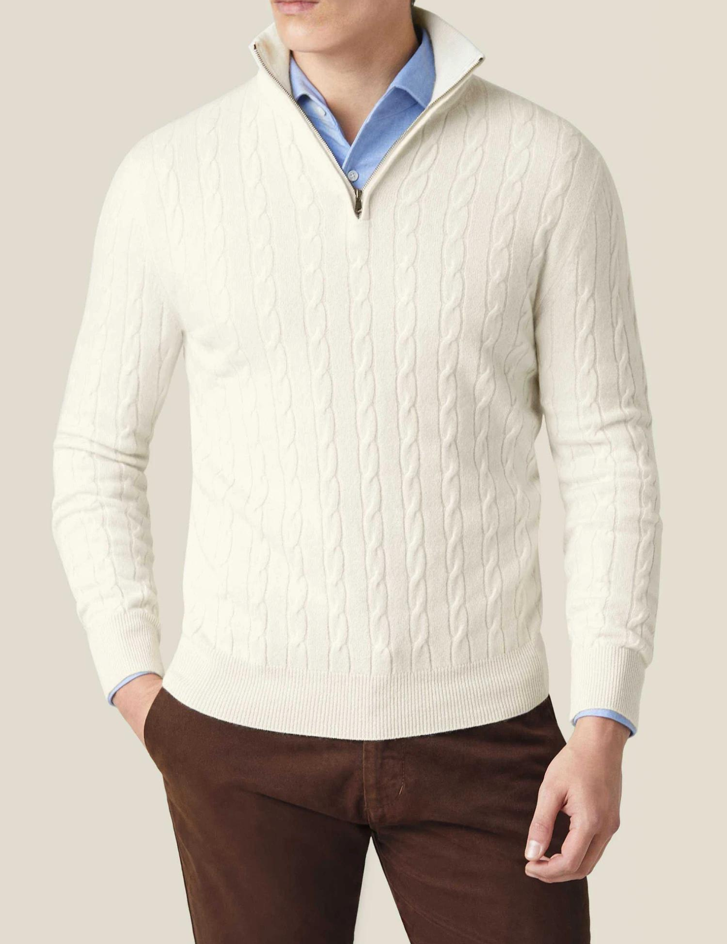 Maglione invernale da uomo in maglia a trecce – Misto lana – Mezza cerniera – Collo alto – Vestibilità casual elegante