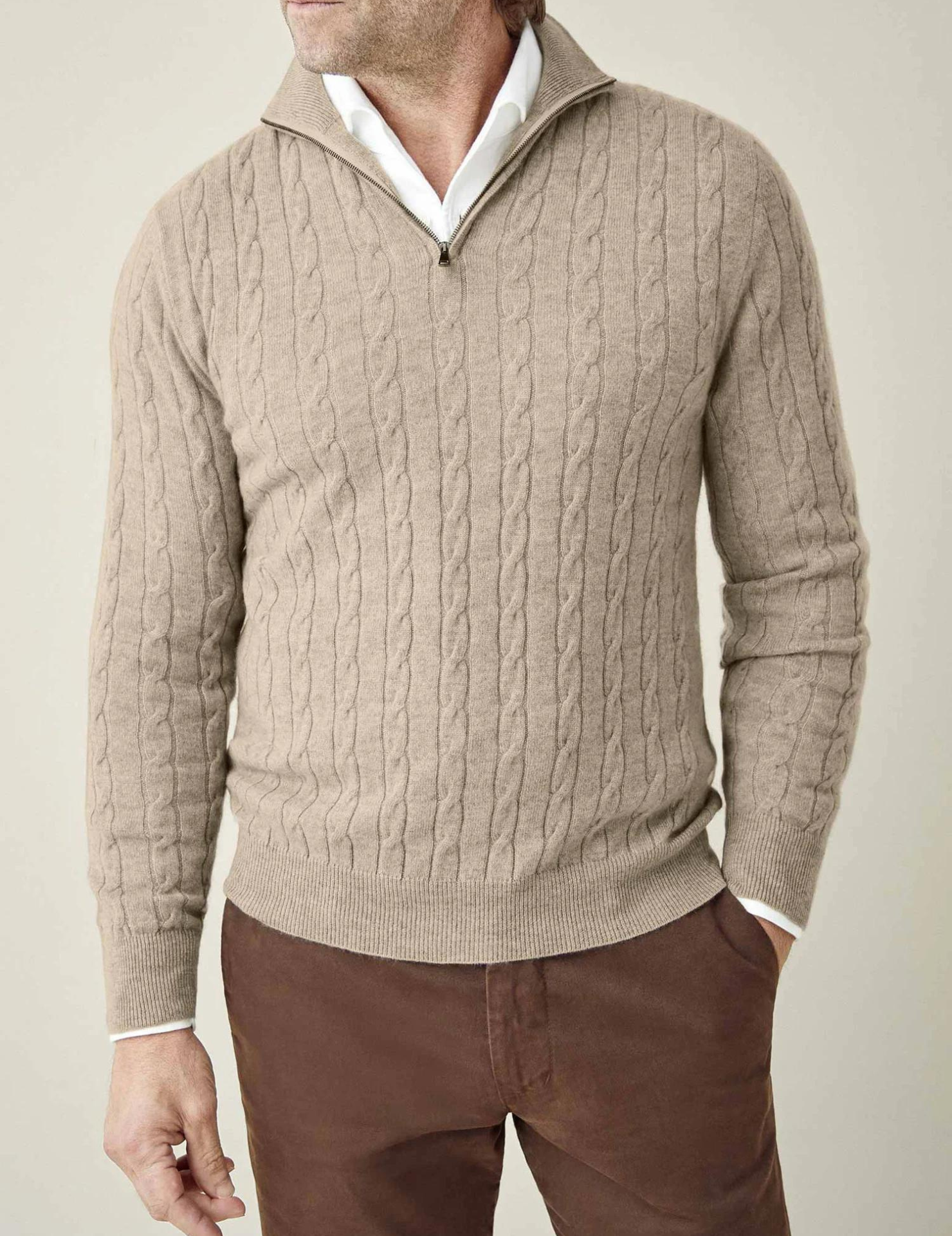 Maglione invernale da uomo in maglia a trecce – Misto lana – Mezza cerniera – Collo alto – Vestibilità casual elegante