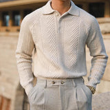 Maglione lavorato a maglia da uomo – Autunno – Vestibilità slim – Maglia a trecce – Collo polo – Manica lunga – Abbigliamento elegante
