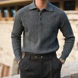Maglione lavorato a maglia da uomo – Autunno – Vestibilità slim – Maglia a trecce – Collo polo – Manica lunga – Abbigliamento elegante