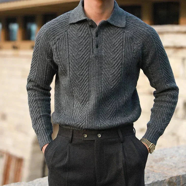 Maglione lavorato a maglia da uomo – Autunno – Vestibilità slim – Maglia a trecce – Collo polo – Manica lunga – Abbigliamento elegante
