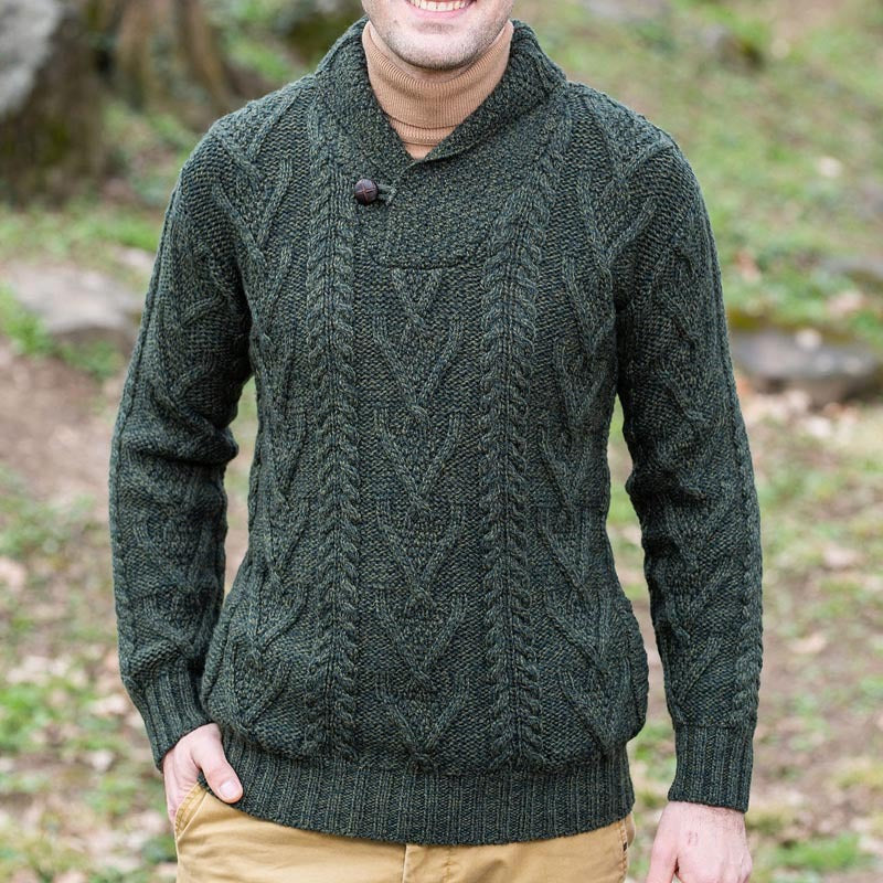 Maglione invernale da uomo – Misto lana – Vestibilità comoda – Maglia a trecce – Collo a scialle