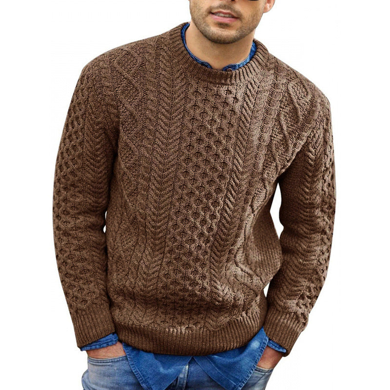 Maglione pullover da uomo autunnale – Vestibilità slim – Misto lana lavorato a maglia a trecce – Rifiniture a coste – Abbigliamento casual