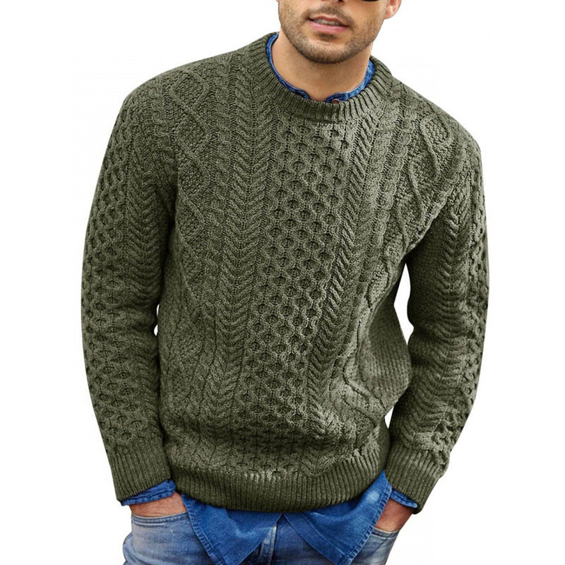 Maglione pullover da uomo autunnale – Vestibilità slim – Misto lana lavorato a maglia a trecce – Rifiniture a coste – Abbigliamento casual