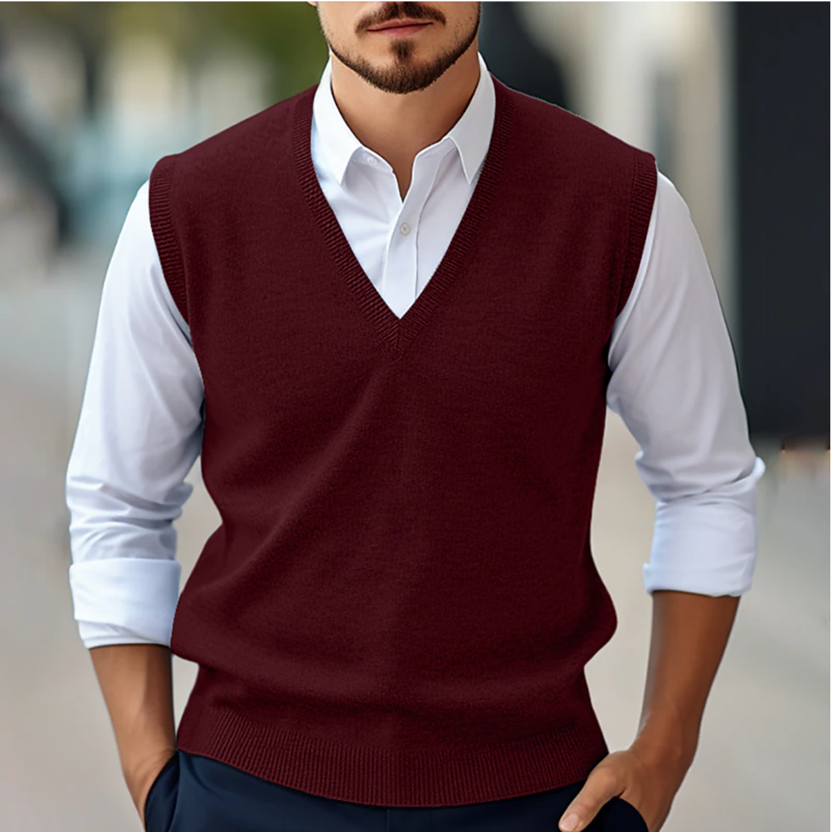 Maglione senza maniche con scollo a V da uomo – Maglia autunnale – Vestibilità classica – Rifiniture a coste – Stratificazione intelligente