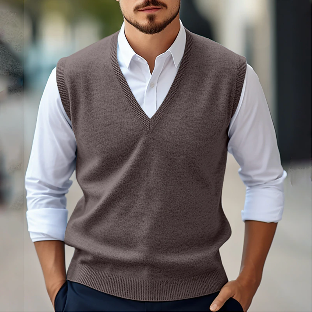 Maglione senza maniche con scollo a V da uomo – Maglia autunnale – Vestibilità classica – Rifiniture a coste – Stratificazione intelligente