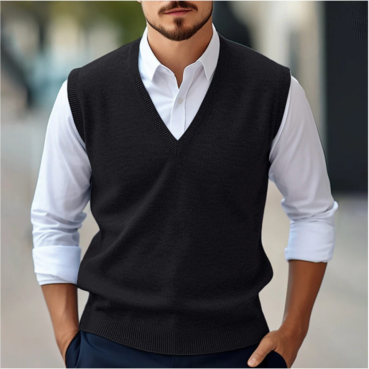 Maglione senza maniche con scollo a V da uomo – Maglia autunnale – Vestibilità classica – Rifiniture a coste – Stratificazione intelligente