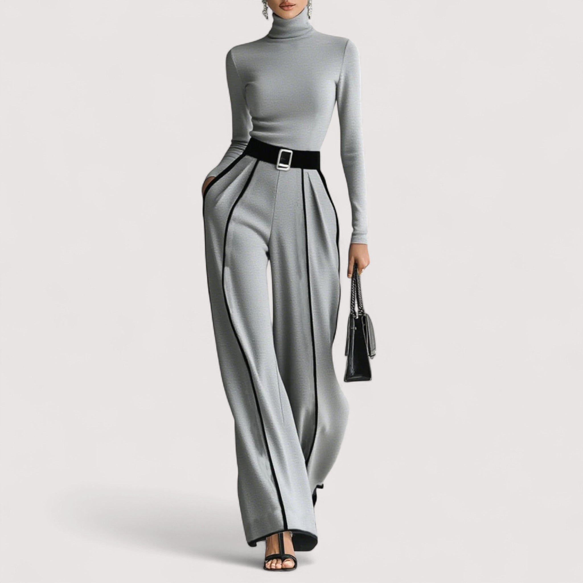 Nolia™  | Top a maniche lunghe con collo alto e rifiniture bianche con pantaloni larghi e set di cintura