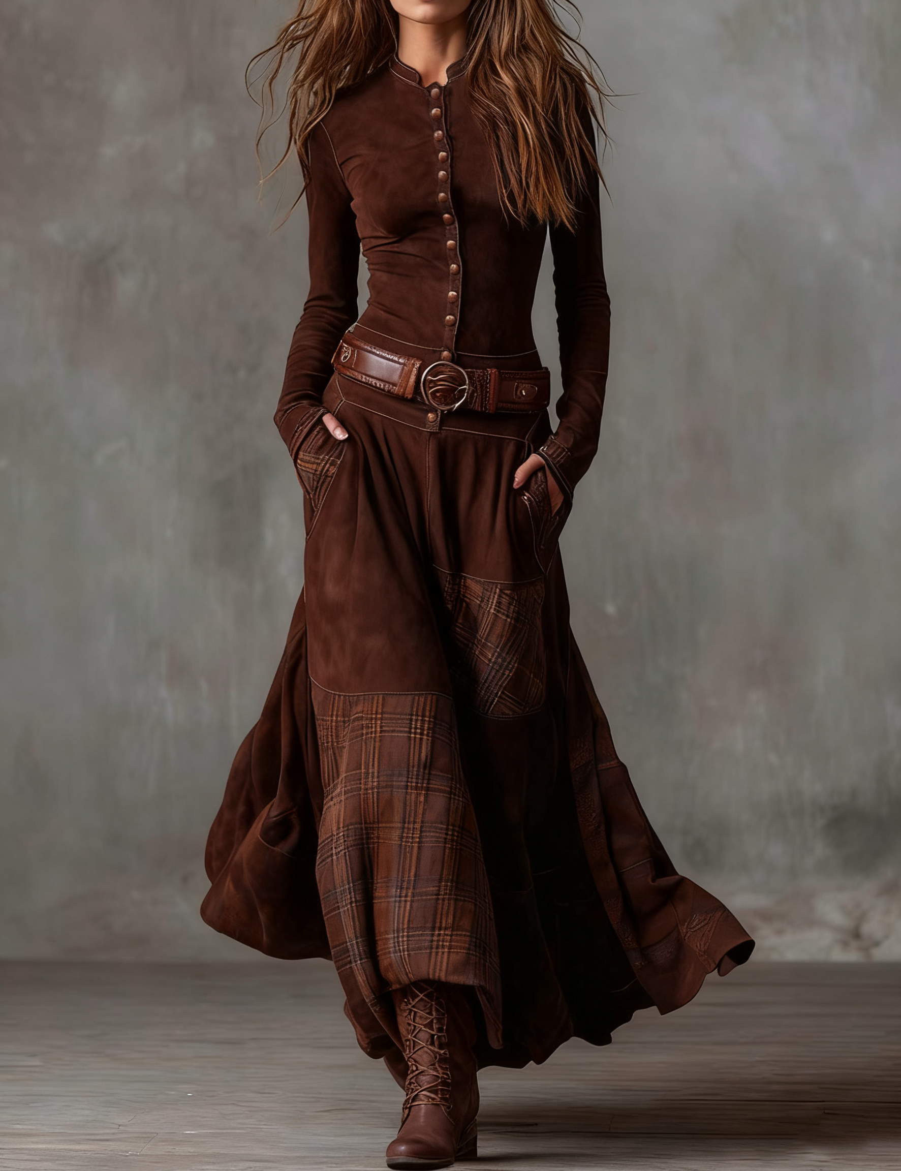 Elisa | Abito maxi in pelle scamosciata con cintura