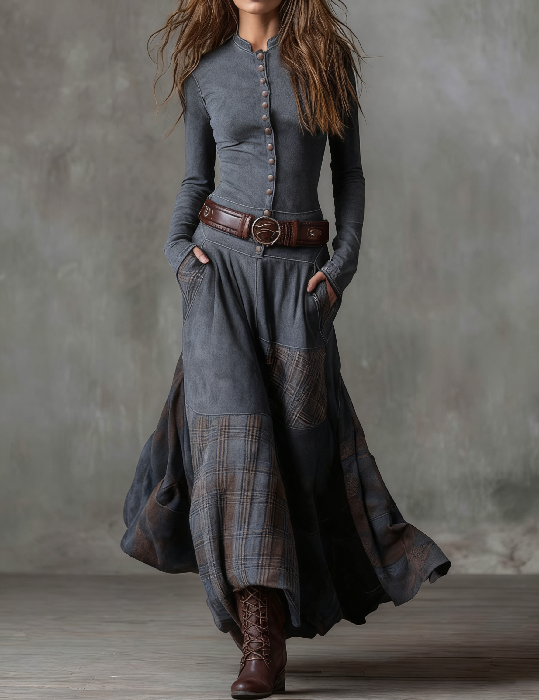 Elisa | Abito maxi in pelle scamosciata con cintura