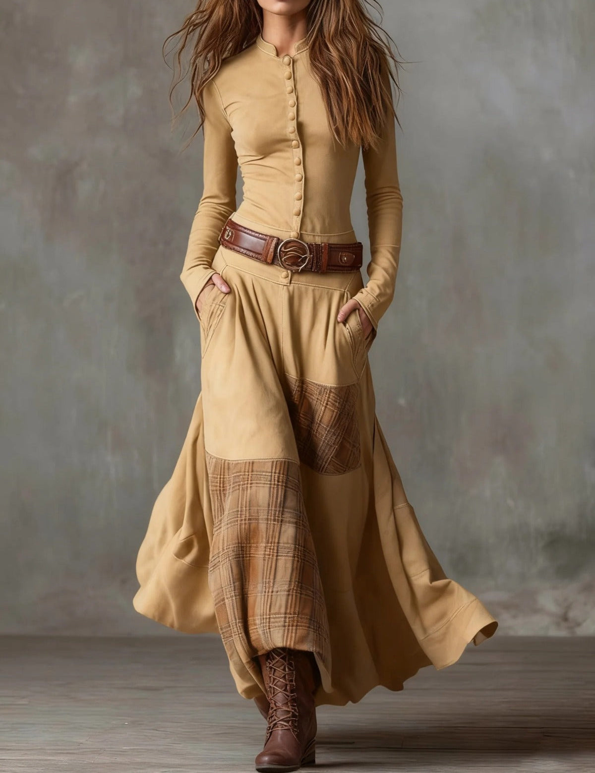 Elisa | Abito maxi in pelle scamosciata con cintura