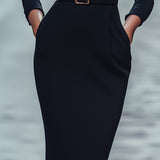 Nora | Abito nero raffinato con cintura e colletto alla mandarino