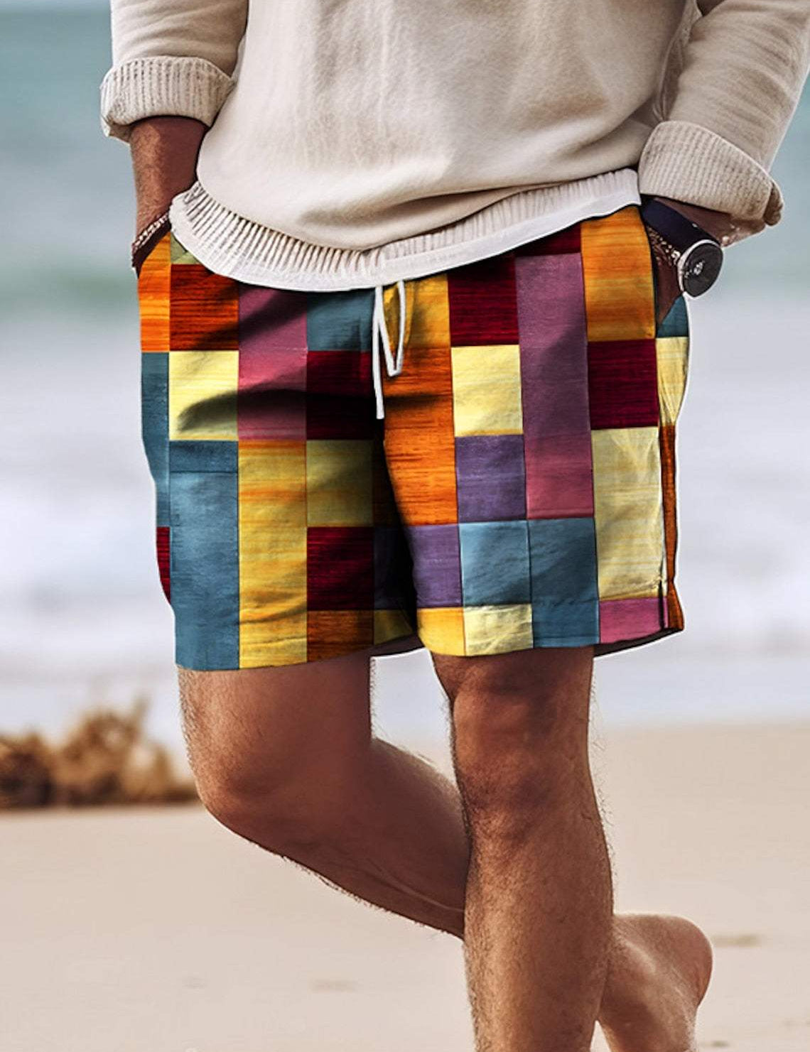Shorts estivi da uomo - Lunghezza al ginocchio - vita elastica con cordino - leggeri e traspiranti